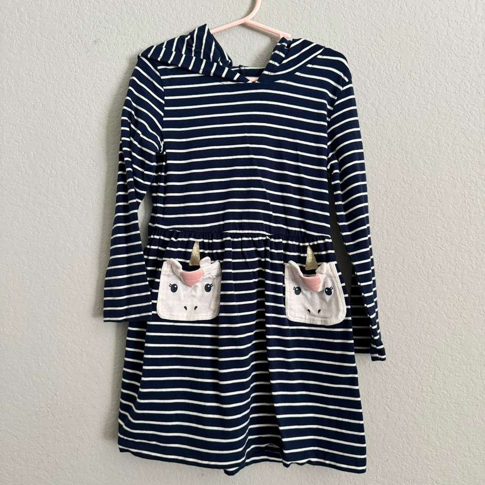5T Carter’s Blue and white striped hooded long sleeve dress